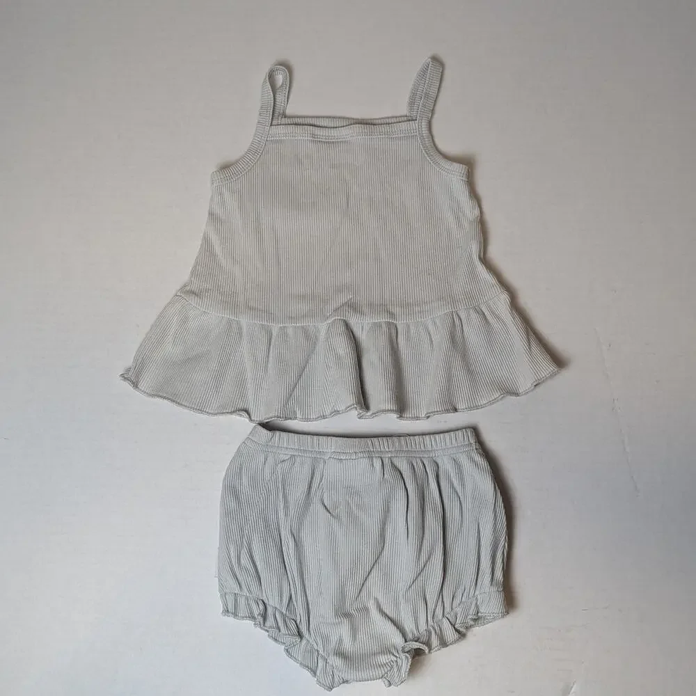 Karibou Ruby Cotton Rib Tank Top & Bloomer Set Size 1 Year Sky Blue Embroidered